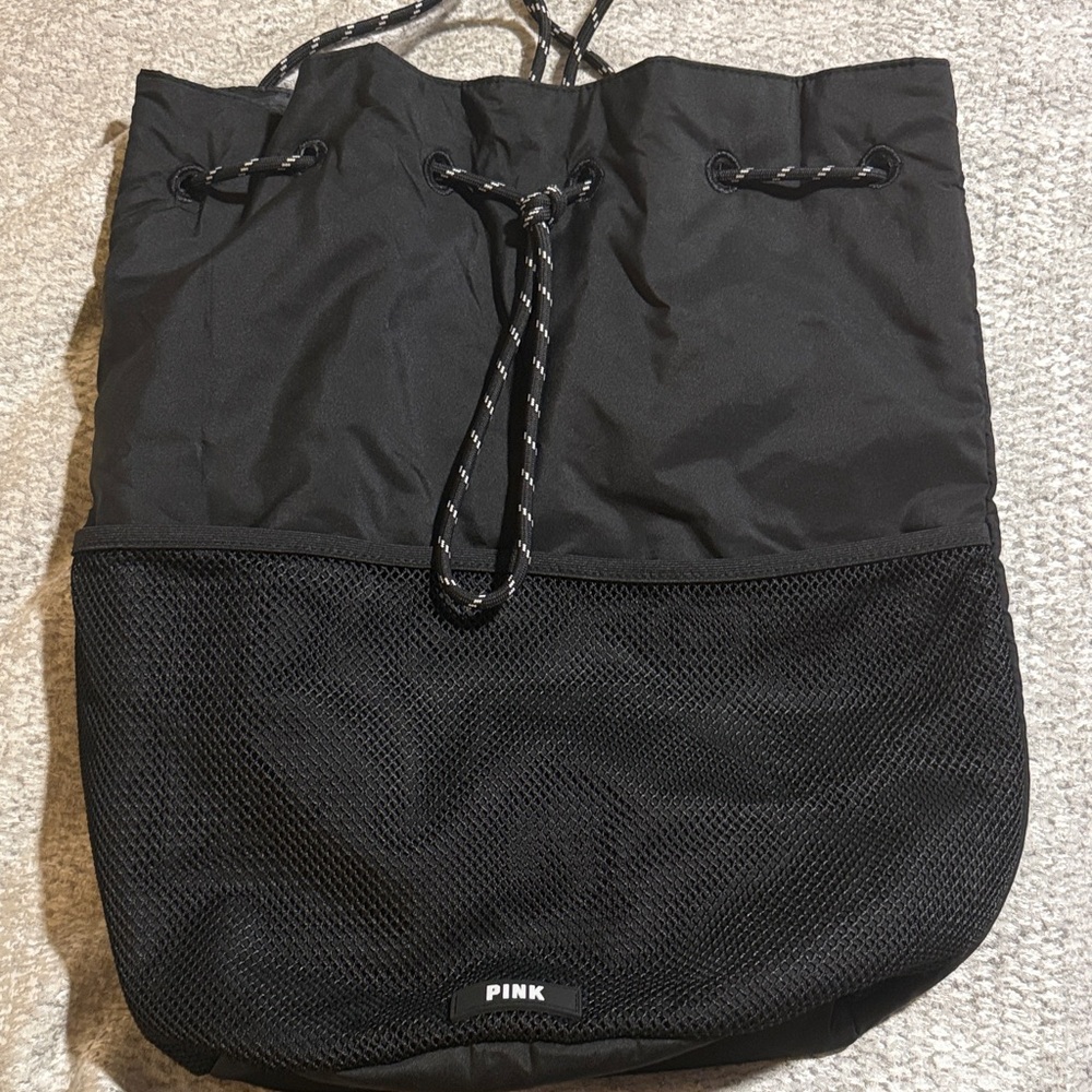 PINK Victoria's Secret Black Mesh Drawstring Backpack